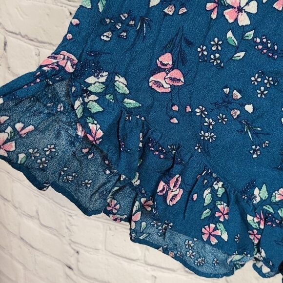 Gap Women's XS Teal Floral Ruffle Peasant Top Lightweight Frilly Blouse Shirt - Picture 4 of 8